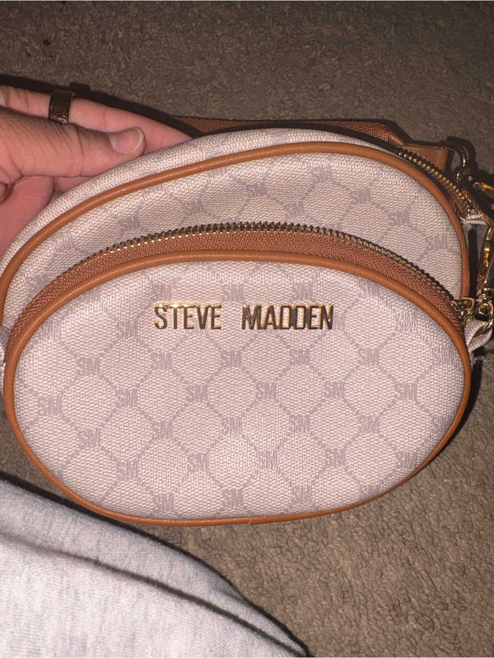 Steve Madden Beige Monogram Round Crossbody with Tan Trim